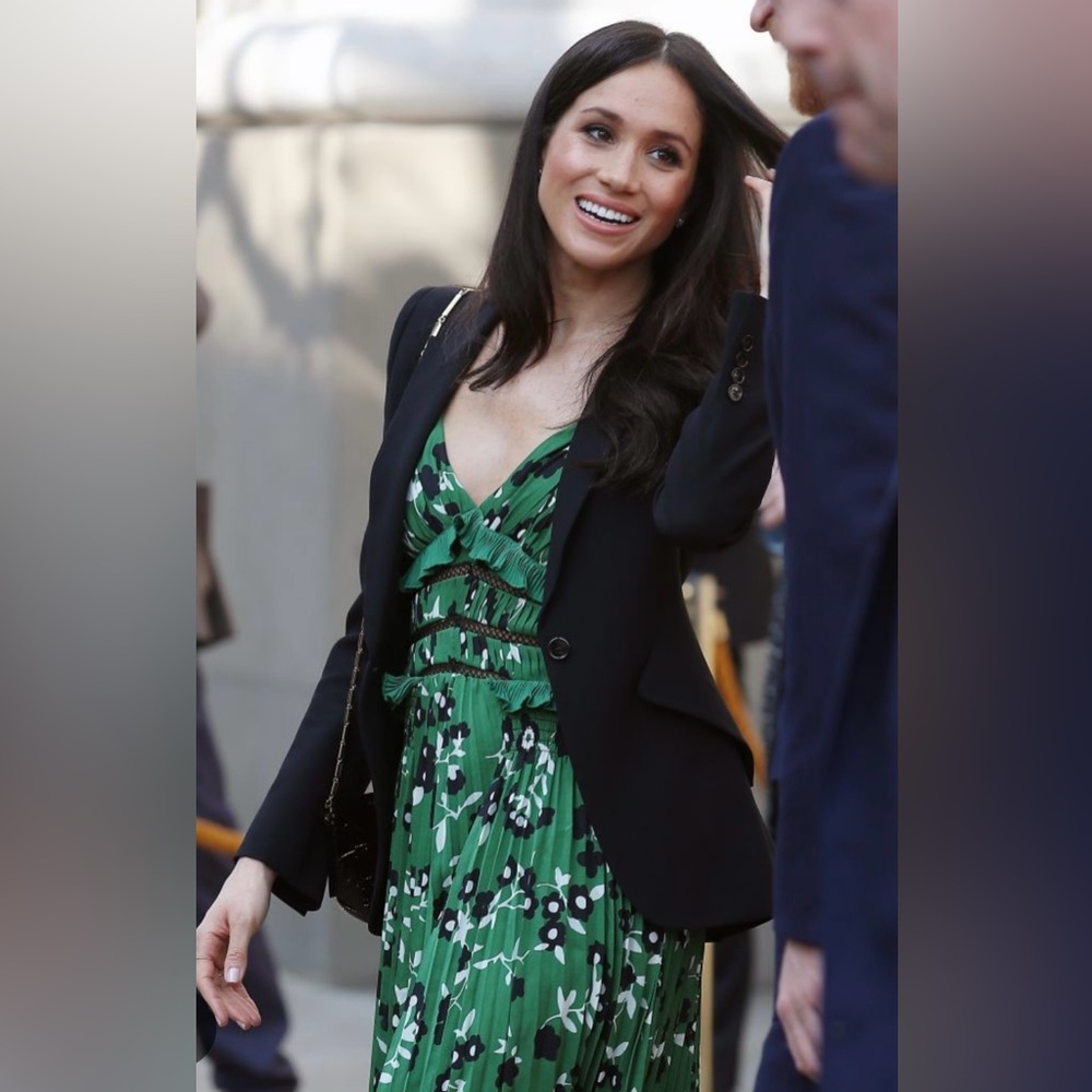 ASO Meghan Markle green pleated floral Self-Portrait dress US size 8